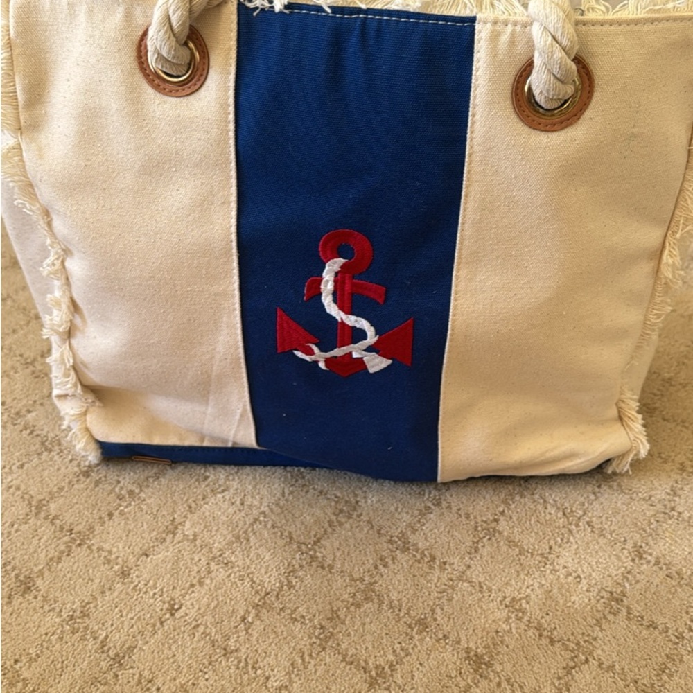 Sondra Roberts Cream and Blue Anchor Tote